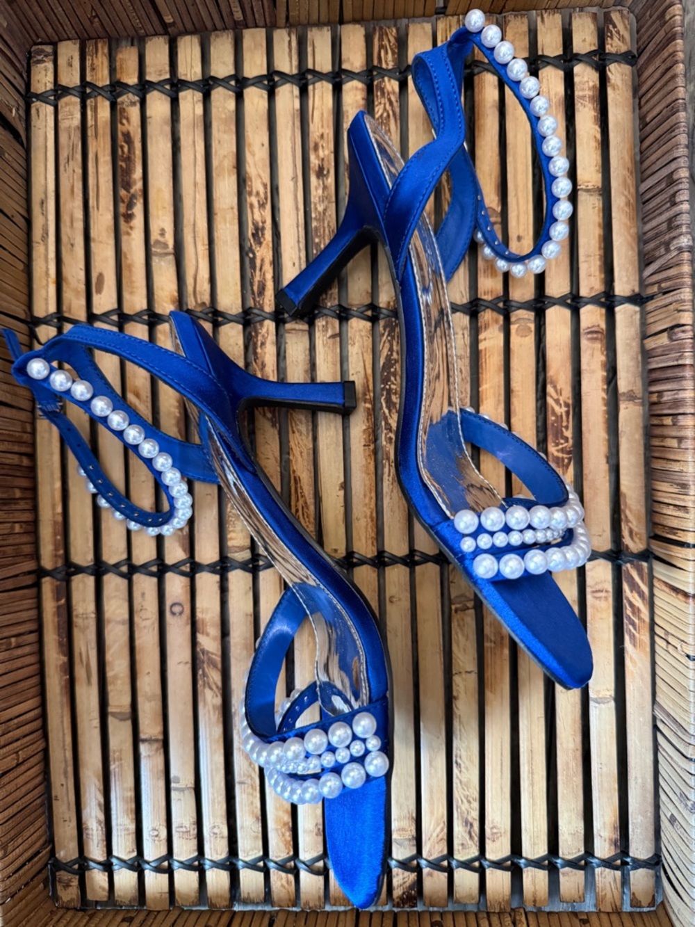 NEW Blue Satin Pearl Heels Ankle Strap Dress Sandals Wedding Guest Women Size 7 - Picture 6 of 8